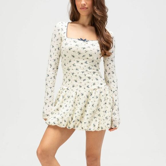 RSQ Rouched Stretch Floral Print Long Sleeve Textured Bubble Dress Mini XS - Picture 1 of 7